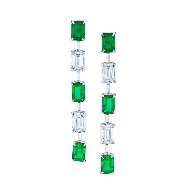 Norman Silverman Green Emeralds And Emerald-Cut Diamond Earrings