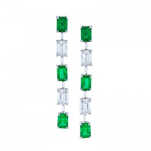 Norman Silverman Green Emeralds And Emerald-Cut Diamond Earrings