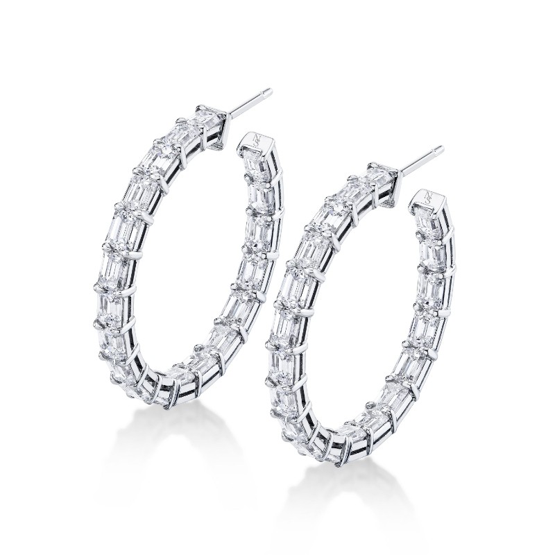 Norman Silverman East-West Emerald Cut Diamond Hoop Earrings