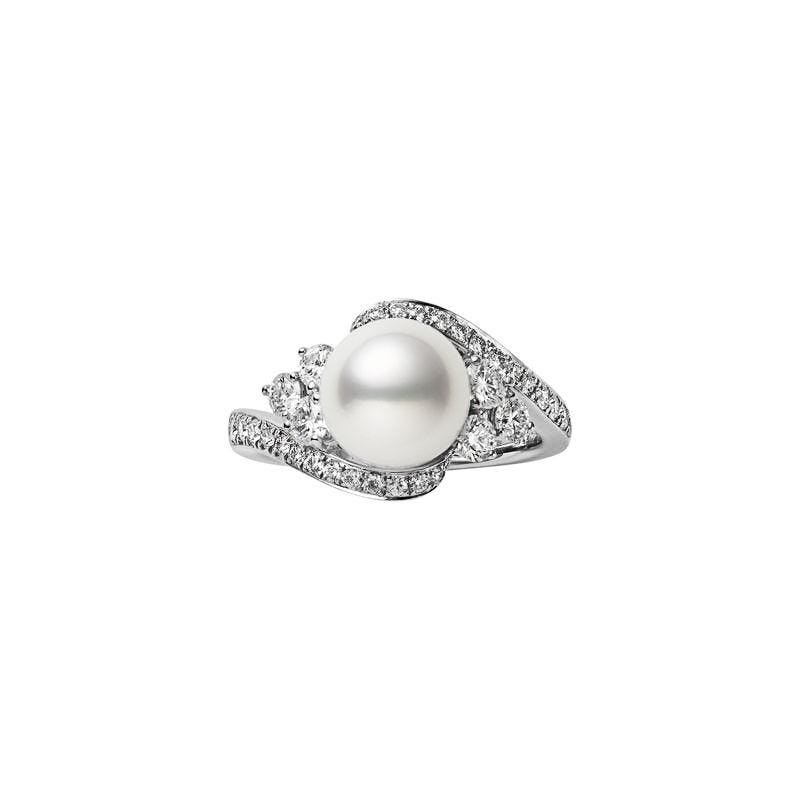 Mikimoto A+ Akoya Cultured Pearl Diamond 3 Accent Swirl Ring
