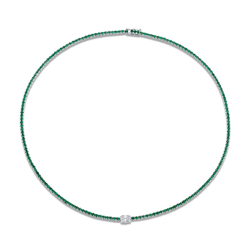 Norman Silverman 5.49 Carat 18K White Gold Green Emerald Oval Center Stone Necklace