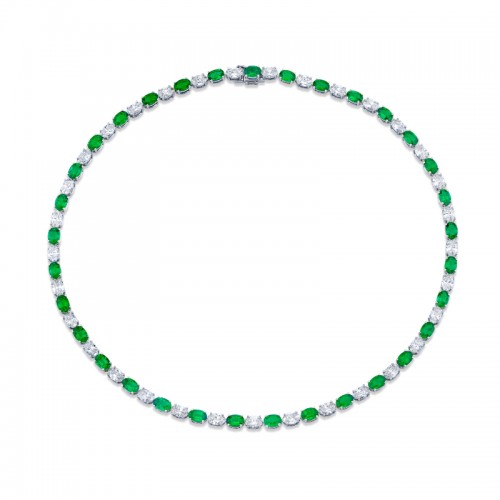 Norman Silverman Alternating Oval-Cut Diamonds And Green Emeralds Necklace