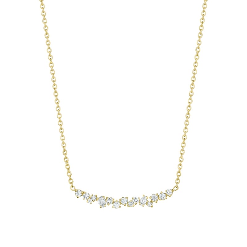 18K Gold .57Ct Curved Diamond Cluster Necklace With Round (.42Ct), Pear Shape (.09Ct) And Marquise Shape (.06Ct) Diamonds On Plain Chain