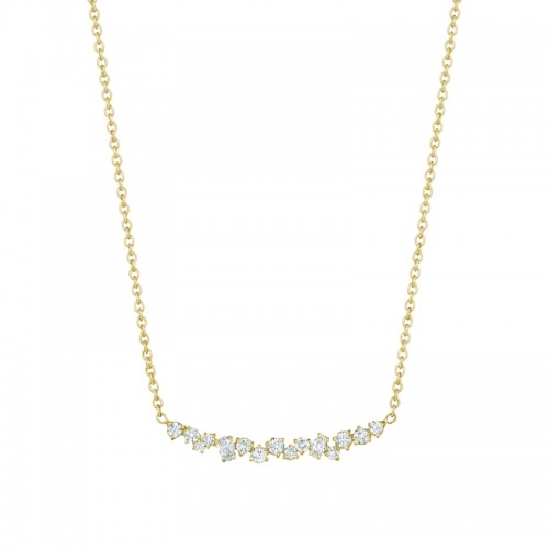 18K Gold .57Ct Curved Diamond Cluster Necklace With Round (.42Ct), Pear Shape (.09Ct) And Marquise Shape (.06Ct) Diamonds On Plain Chain