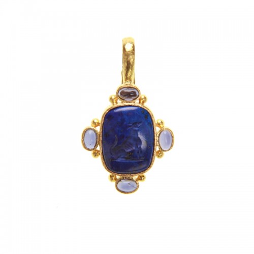 Lapis 'Seated Whippet' and Iolite Pendant