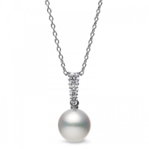 Mikimoto 18K White Gold Rhodium Plated Morning Dew Pearl Pendant Necklace With Diamonds