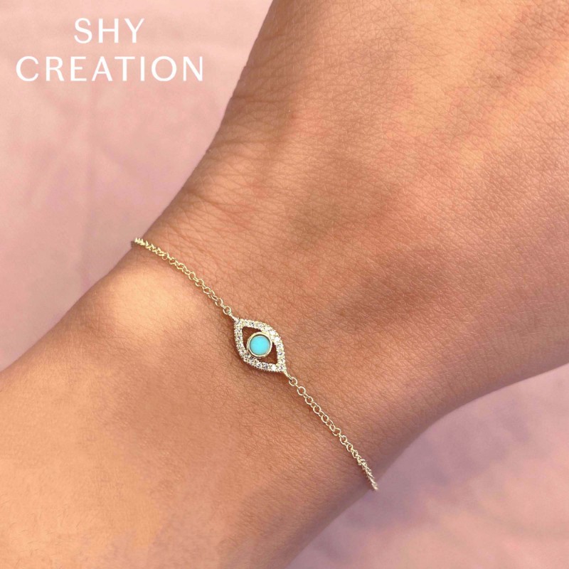 Deutsch Signature 0.07Ct Round Composite Turquoise Center With 0.06Ct Round Diamond Pave Eye Cable Bracelet