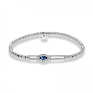 18 Karat White Gold Diamond,Sapphire And Turquoise Evil Eye Bead Stretch Bracelet