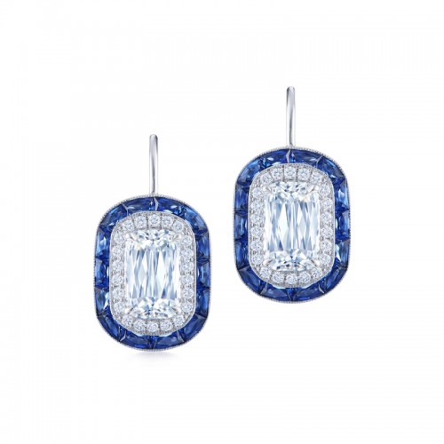 Ashoka Diamond and Calibre Sapphire Halo Drop Earrings in 18K White Gold, 0.70 Carats Center Diamond