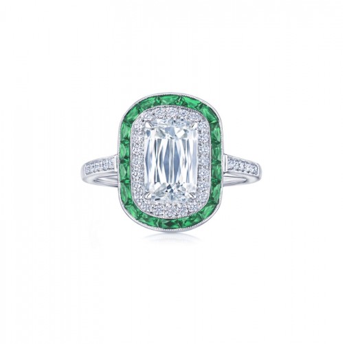 Ashoka Diamond Engagement Ring with an Emerald and Diamond Double Halo in Platinum