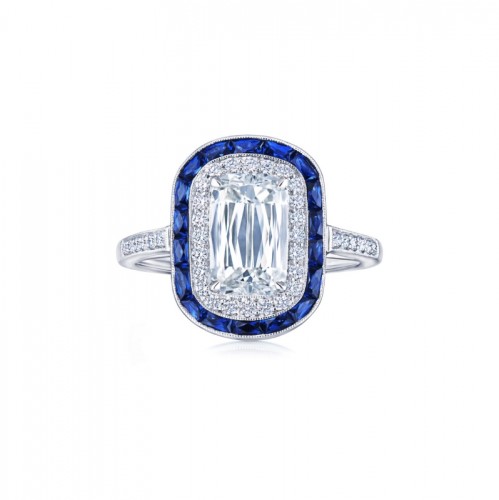 Ashoka Diamond Engagement Ring with a Sapphire and Diamond Double Halo in Platinum