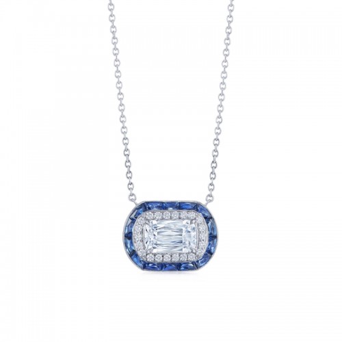 Ashoka Diamond and Sapphire Halo Pendant in 18K White Gold, 1 Carat Center Diamond