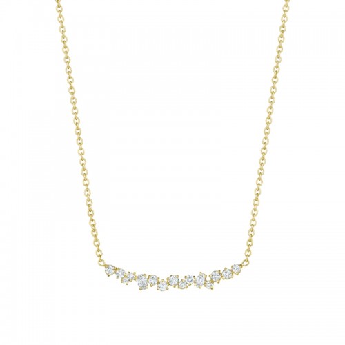 18K Gold .57Ct Curved Diamond Cluster Necklace With Round (.42Ct), Pear Shape (.09Ct) And Marquise Shape (.06Ct) Diamonds On Plain Chain