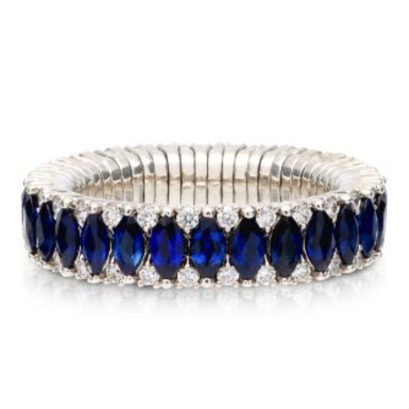 2 Row Blue Sapphire Marquise and Diamond Stretch Ring