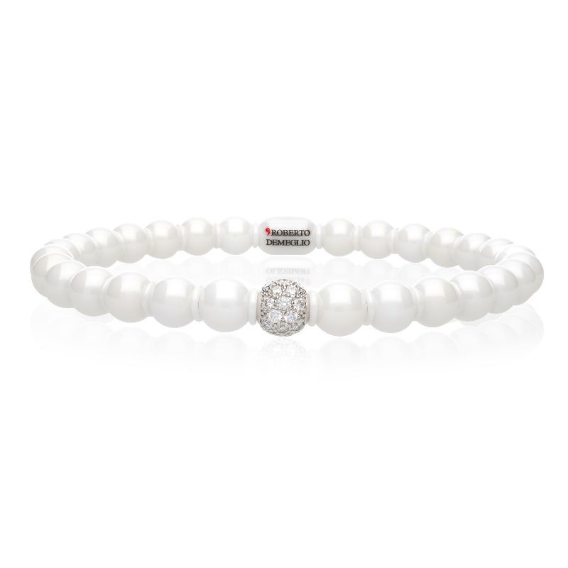 White Ceramic Bead Stretch Bracelet with 1 Diamond Bead