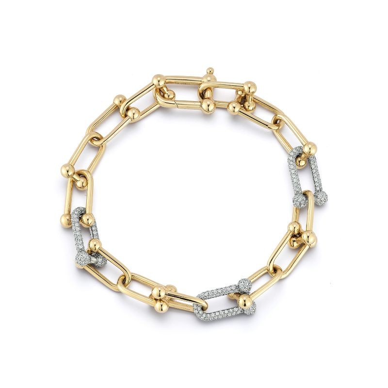 Deutsch Signature U Shape Solid Gold Link Bracelet with Three Diamond Section