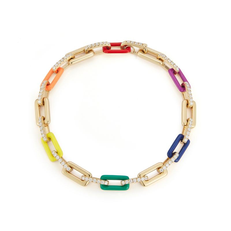 Deutsch Signature Small Rainbow Enamel Gold Link Bracelet with Pave Diamond Bar Connection