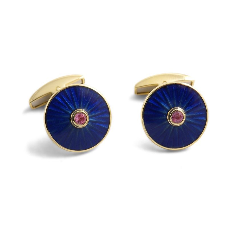 Yellow Gold Pink Sapphire Center With Royal Blue Enamel Cufflinks