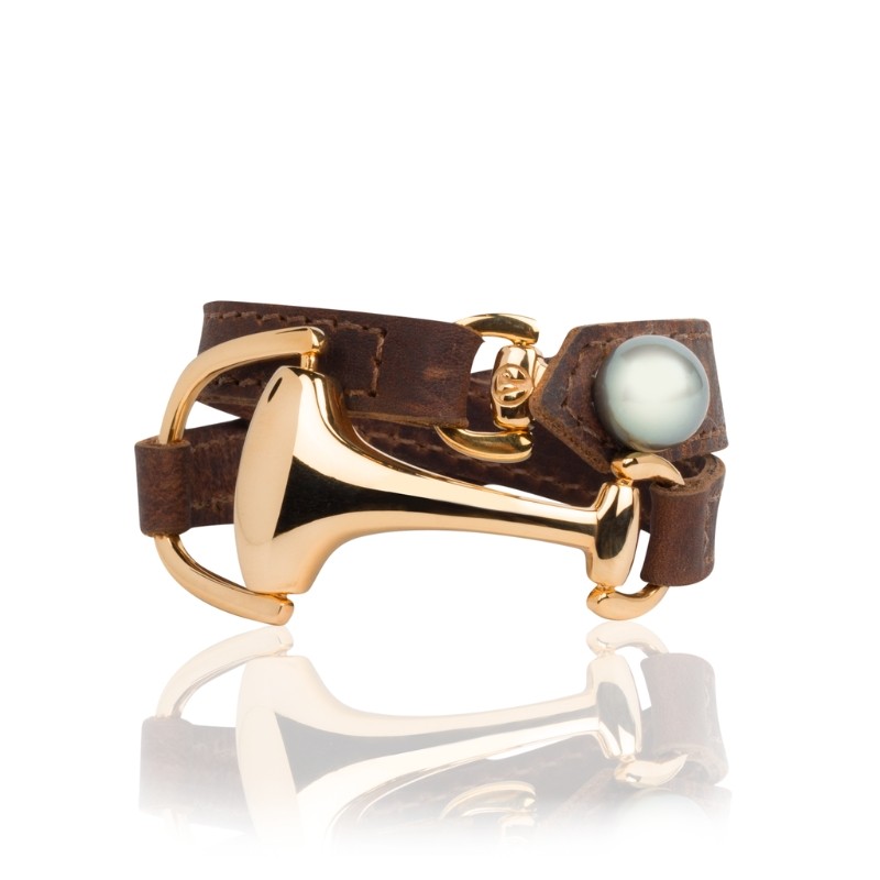 Yellow Gold Montana Leather Bracelet With Tahitian Pearl Clasp