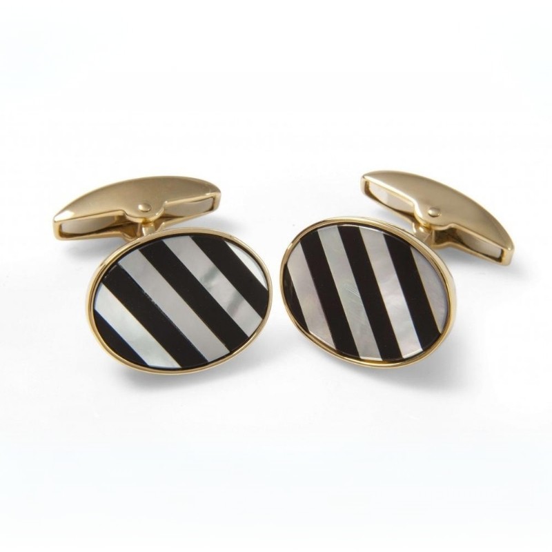 Deakin & Francis Yellow Gold Cufflinks With Striped Mother Of Pearl And Onyx Gemstones