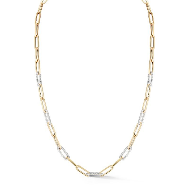 Deutsch Signature Paperclip Solid Gold Link Necklace with 7 Diamond Pave Links