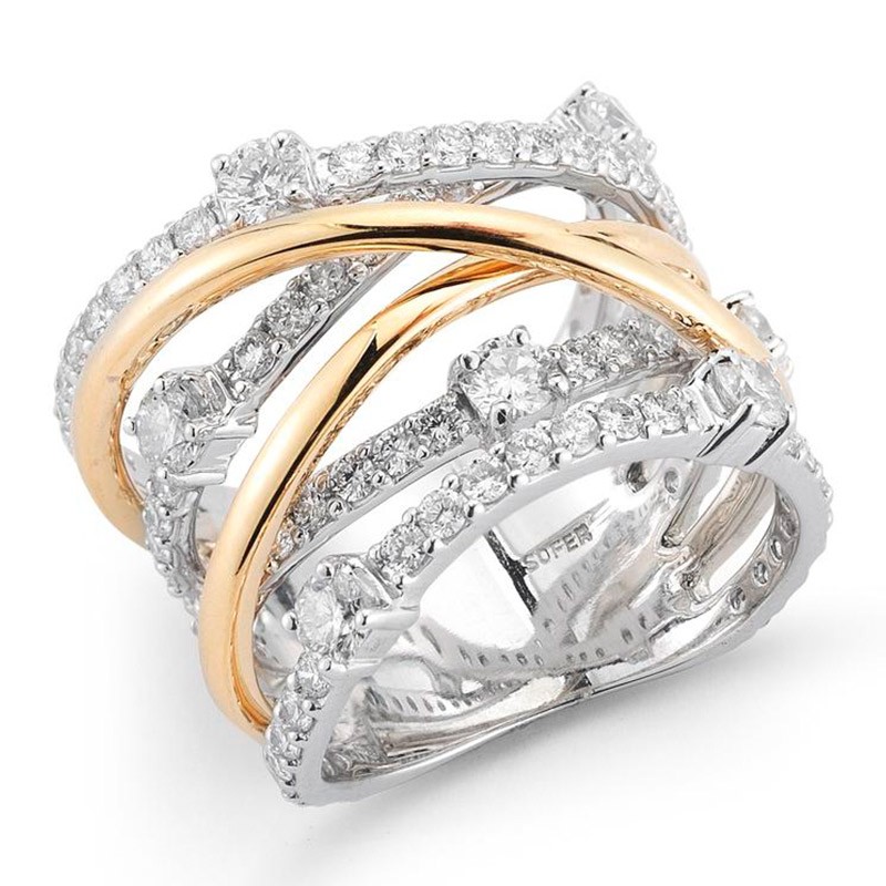 Deutsch Signature Diamond and Gold Multi Row Ring with Scattered Diamonds