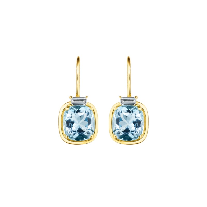 Aquamarine Drop Earrings With Diamond Baguette Top On French Wire