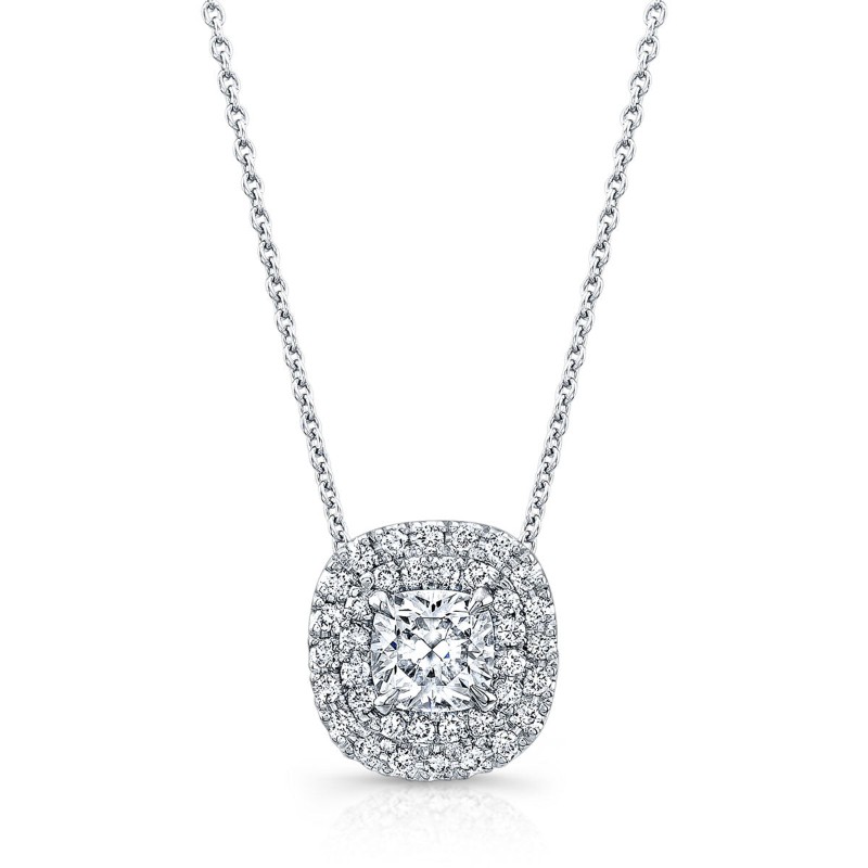 Norman Silverman Petite 18K White Gold Cushion Cut Double Halo Pendant