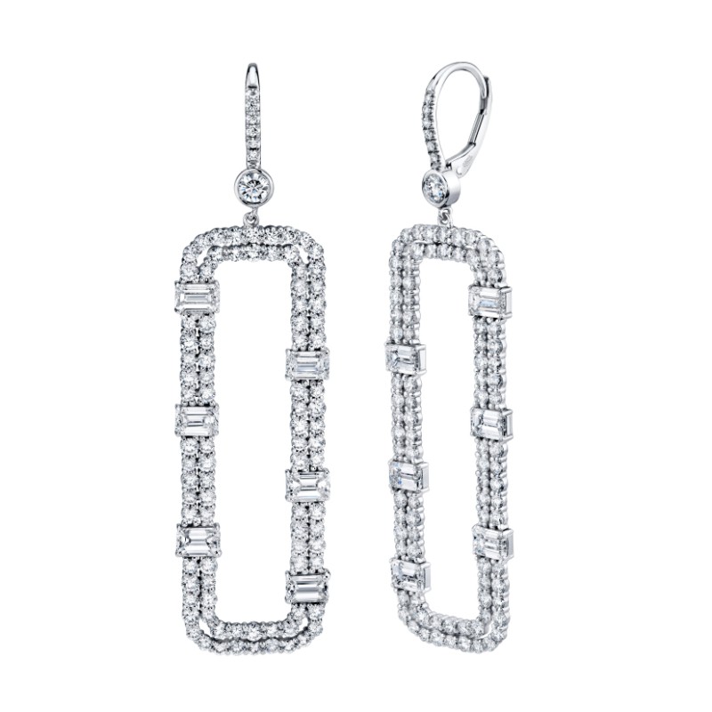 Norman Silverman Rectangular Dangle Earrings  With Emerald Cut And Round Cut Diamonds Set In 18 Karat Rose Gold