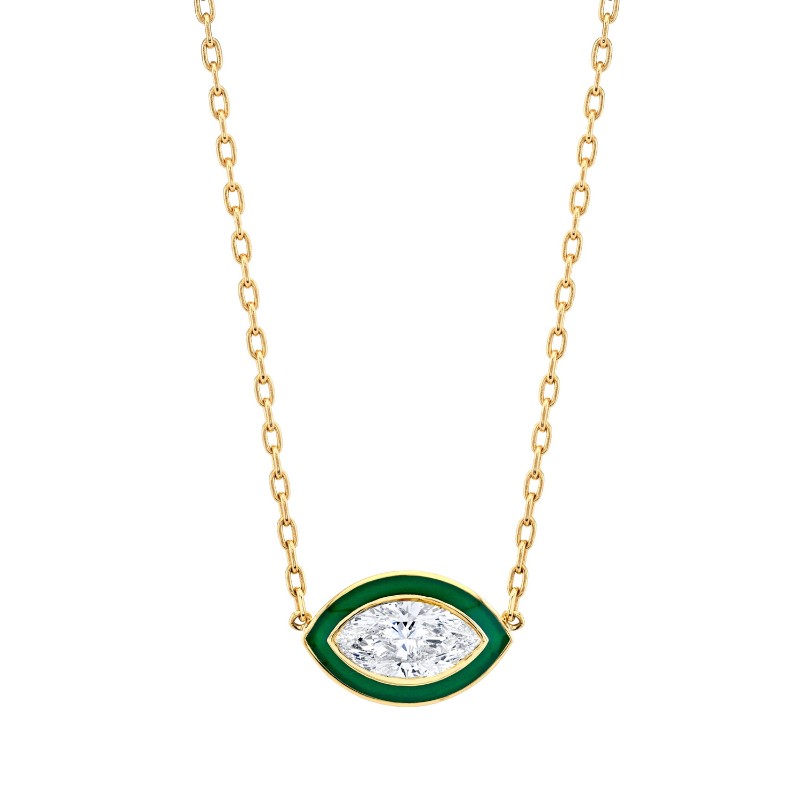 Norman Silverman Marquise-Cut Diamond In Green Enamel Pendant