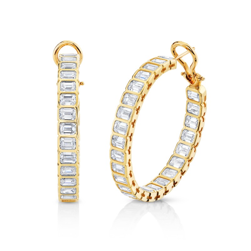 Norman Silverman Bezel Set Emerald-Cut Diamond Hoop Earrings