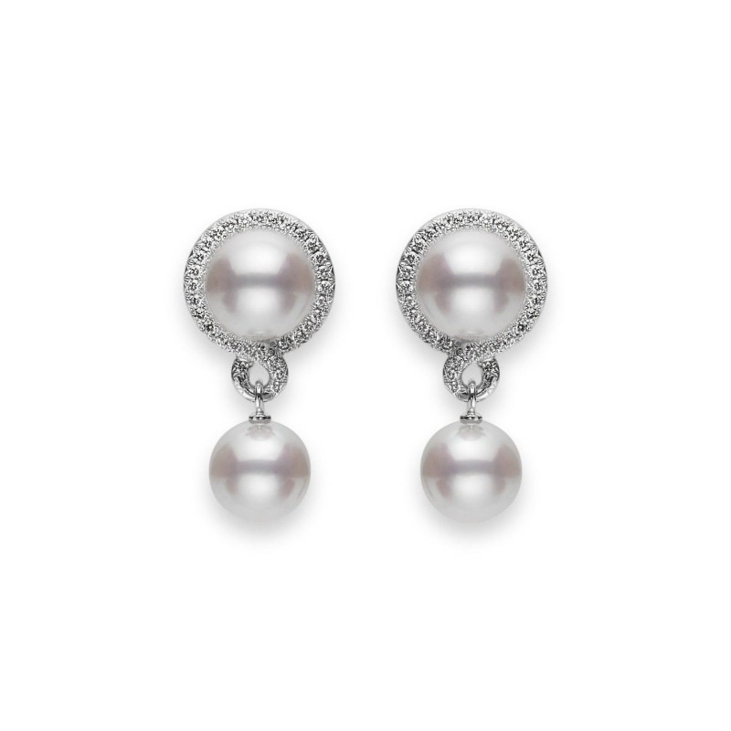 Mikimoto Diamond Pave Swirl Halo Akoya A+ Petit Soleil Cultured Pearl Drop Earring