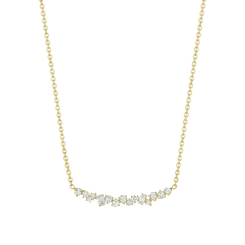 18K Gold .57Ct Curved Diamond Cluster Necklace With Round (.42Ct), Pear Shape (.09Ct) And Marquise Shape (.06Ct) Diamonds On Plain Chain