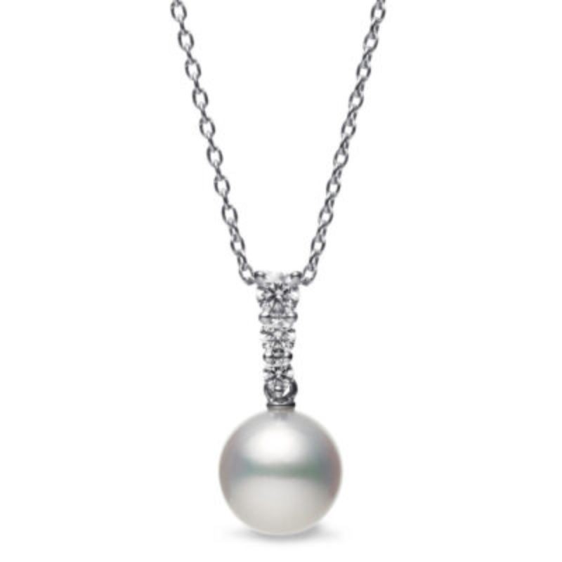 Mikimoto 18K White Gold Rhodium Plated Morning Dew Pearl Pendant Necklace With Diamonds