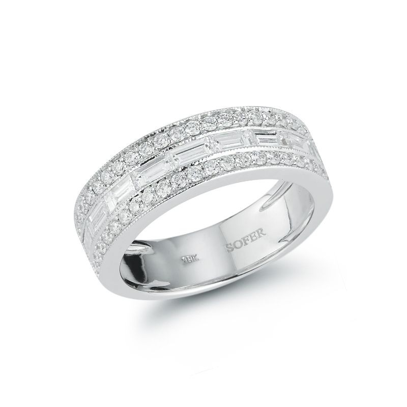 Deutsch Signature Baguette Diamonds with Pave Diamond Border Half Way Around Band