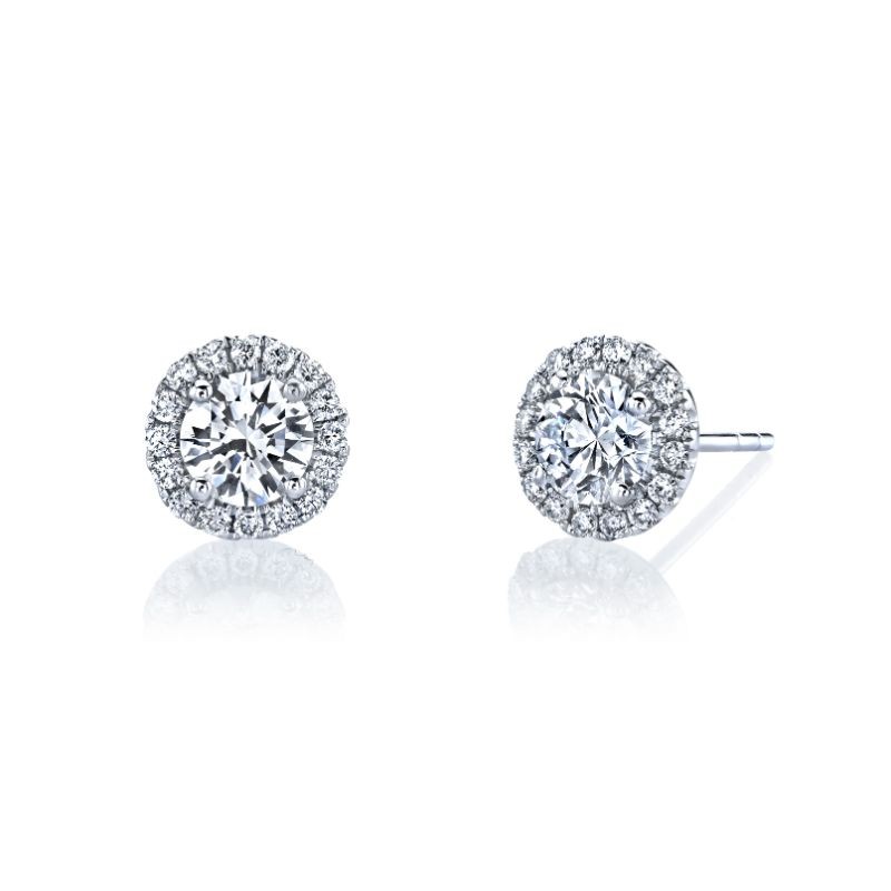 Deutsch Designs One Pair Of 18 Karat White Gold Diamond Stud Earrings Weighing 1.03 Carats Accented By A Diamond Halo