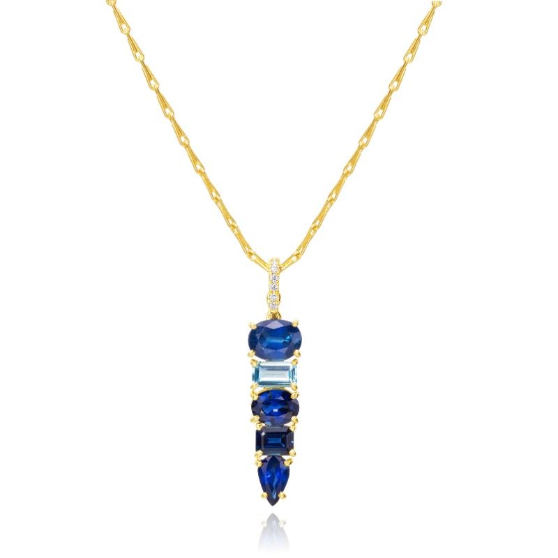 18Yg Pave Diamond, Blue Sapphire And Aquamarine Linear Necklace