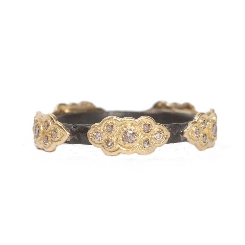 Old World Stack Band Ring With Champagne Diamond Scrolls