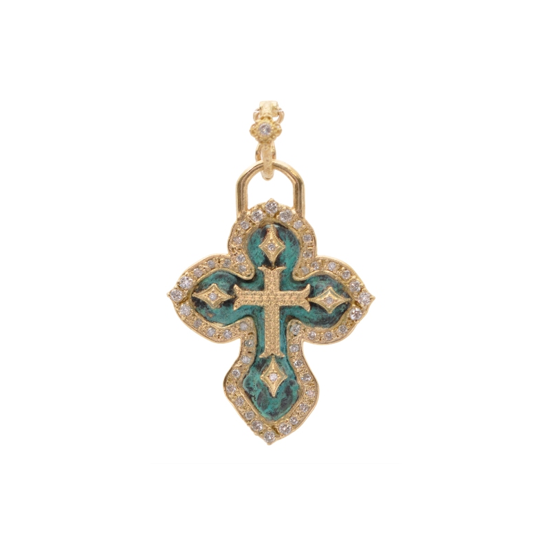 Armenta Blue Green Patina Round White Diamond with Crivellis Enhancer Artifact Cross
