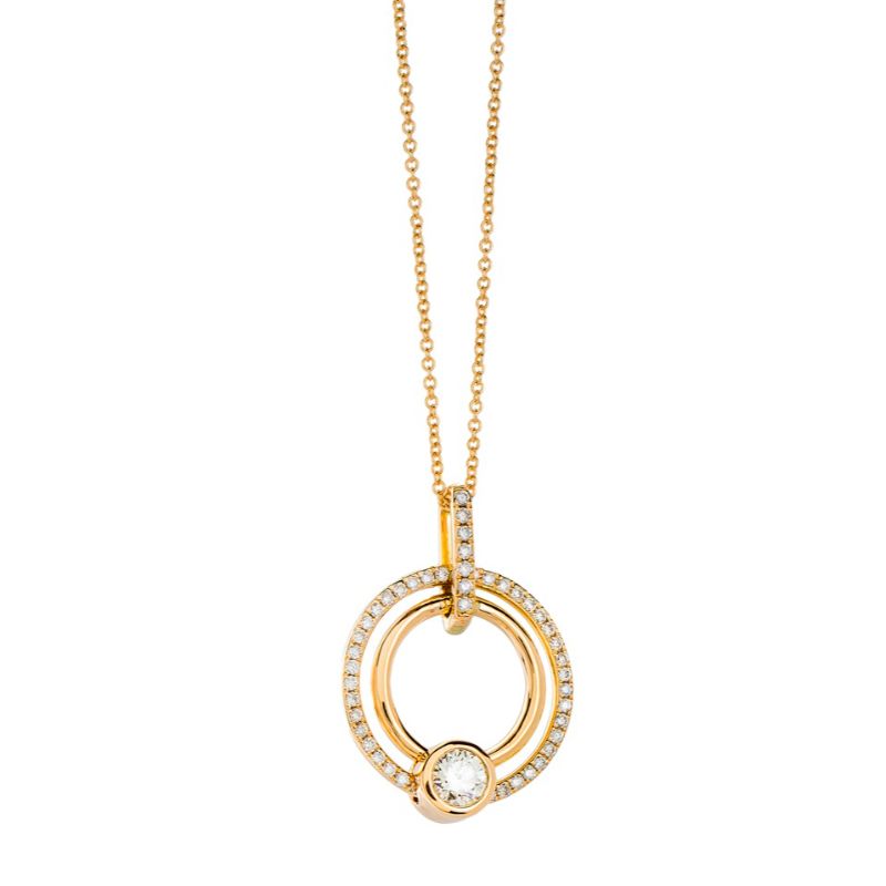 Yellow And White Gold Double Open Circle Pave Diamond Necklace
