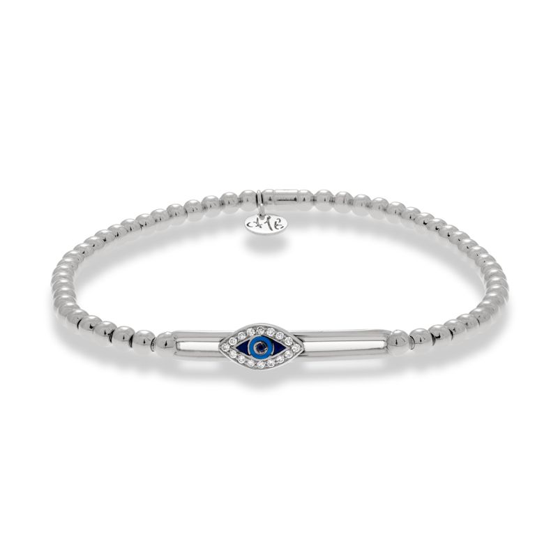 18 Karat White Gold Diamond,Sapphire And Turquoise Evil Eye Bead Stretch Bracelet