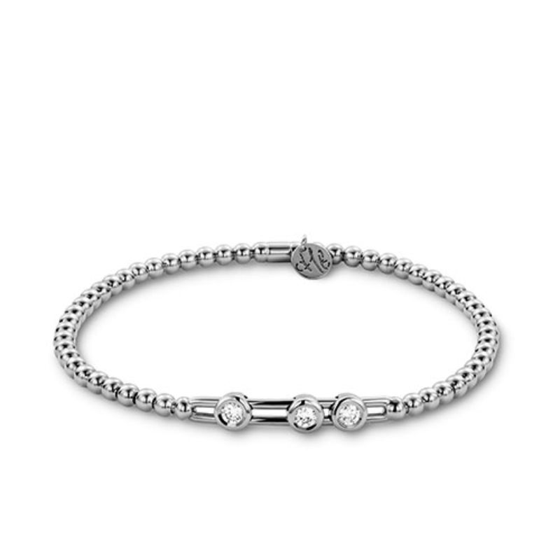 18 Karat White Gold Diamond Pave Sliding Disc Top Bead Stretch Bracelet