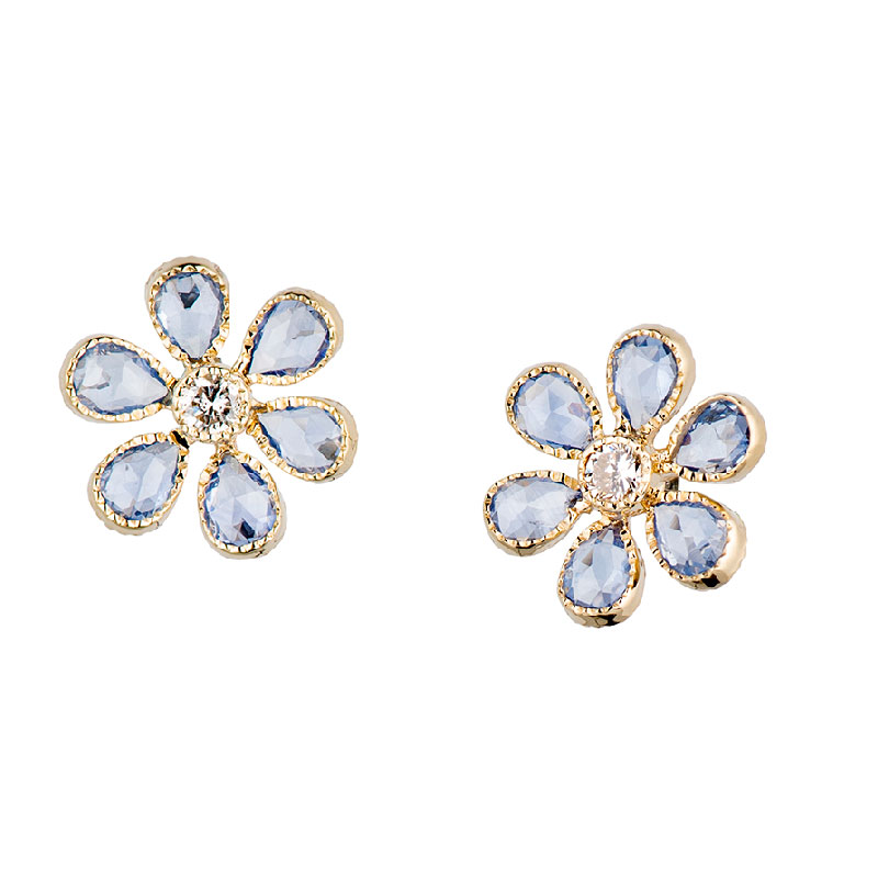 18Kt Yellow Gold Sapphire And Diamond Flower Earrings