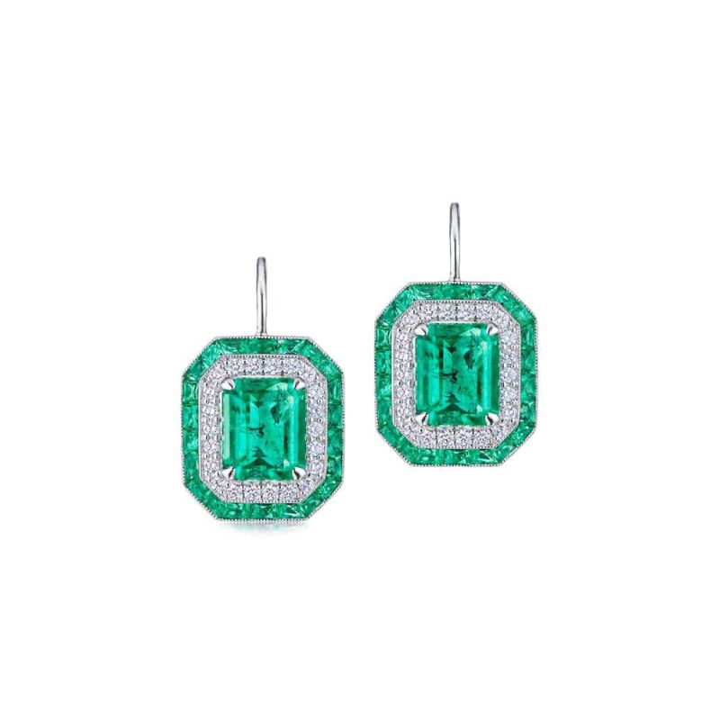 Kwiat Colombian Emerald Earrings with Double Halo Emerald Cut Drops