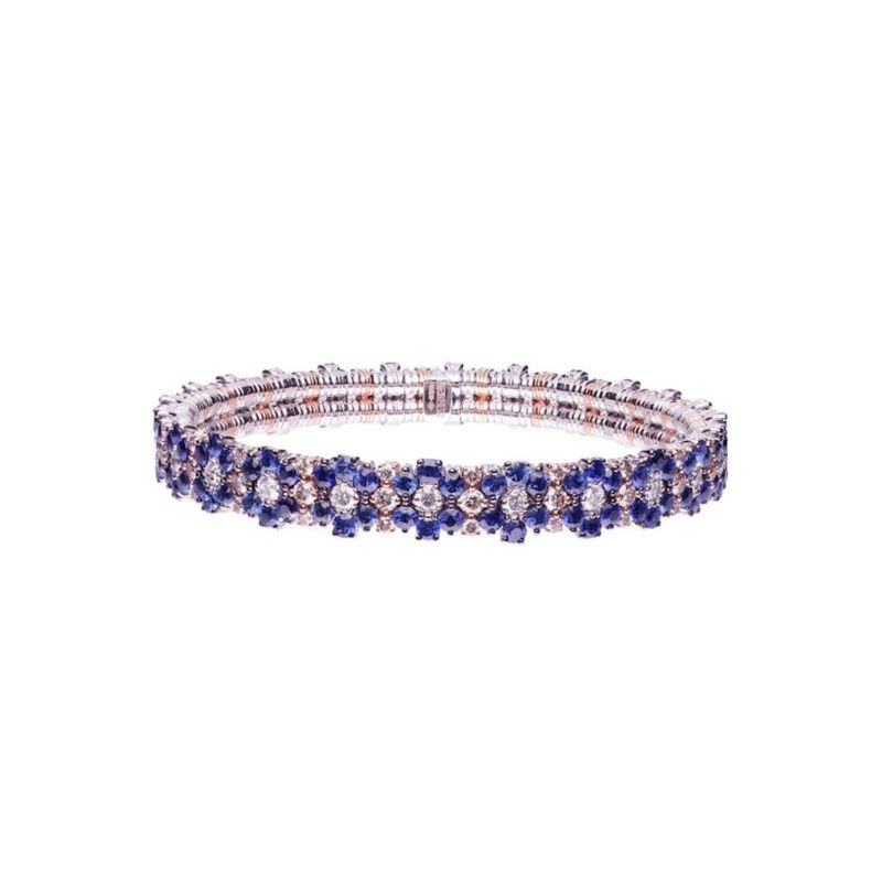 2 Row Blue Sapphires, Champagne Diamond and Diamond Stretch Bracelet