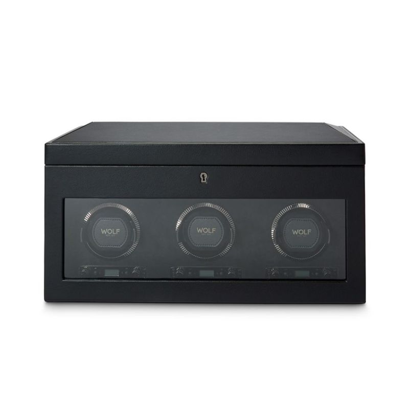WOLF Black British Racing Triple Watch Winder W/Storage