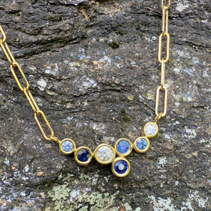Blue Sapphire and Diamond Bubble Bea Necklace