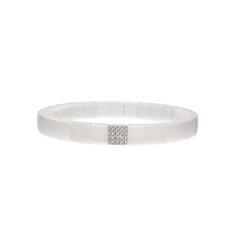 White Ceramic Stretch Bracelet with 1 Diamond Station