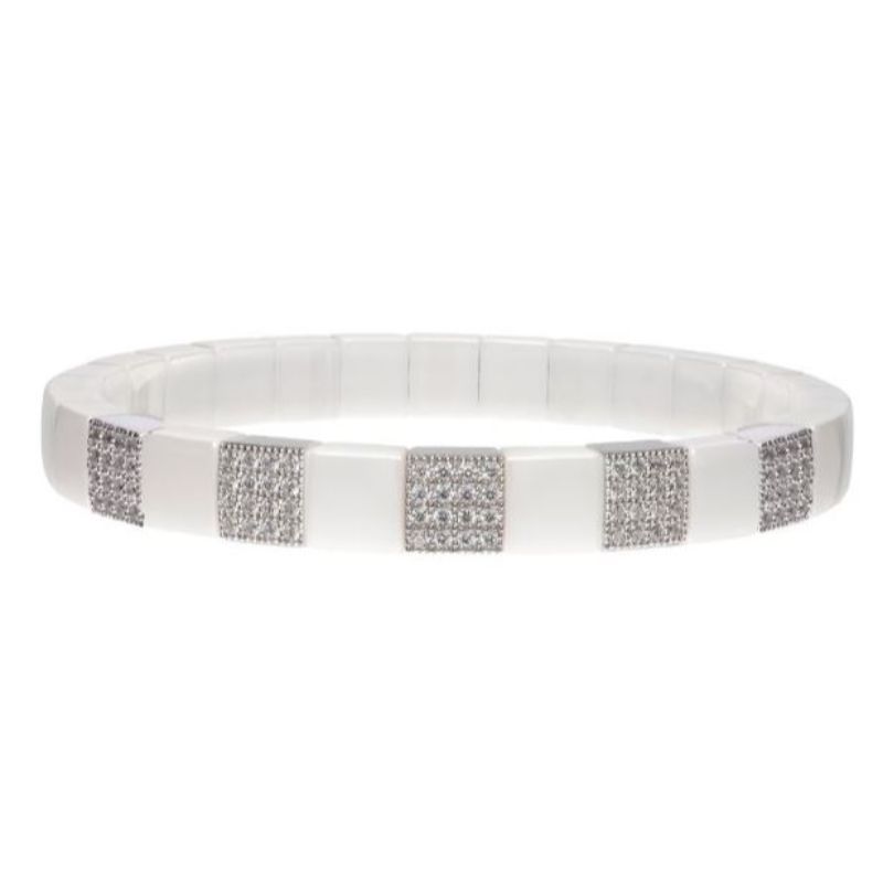 White Ceramic Stretch Bracelet with 5 Diamond Stations