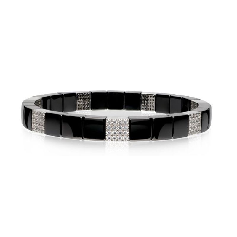 Black Ceramic Stretch Bracelet with 7 Diamond Stations